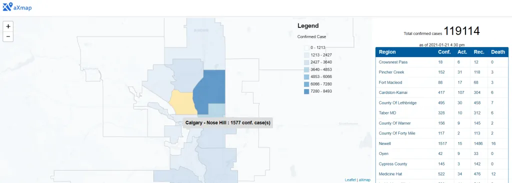 Interactive choropleth map of confirmed COVID-19 cases by region in Alberta, with a region table beside it