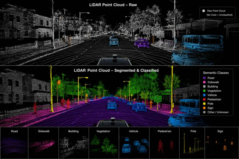 Street-level LiDAR point cloud shown raw and then segmented into classes such as road, sidewalk, vegetation and vehicle